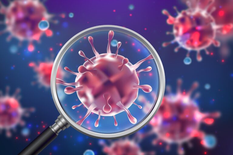 Ilustração 3D de um vírus sendo ampliado por uma lupa, representando investigação científica, diagnóstico, pesquisa sobre infecções, virologia ou análise de microrganismos.