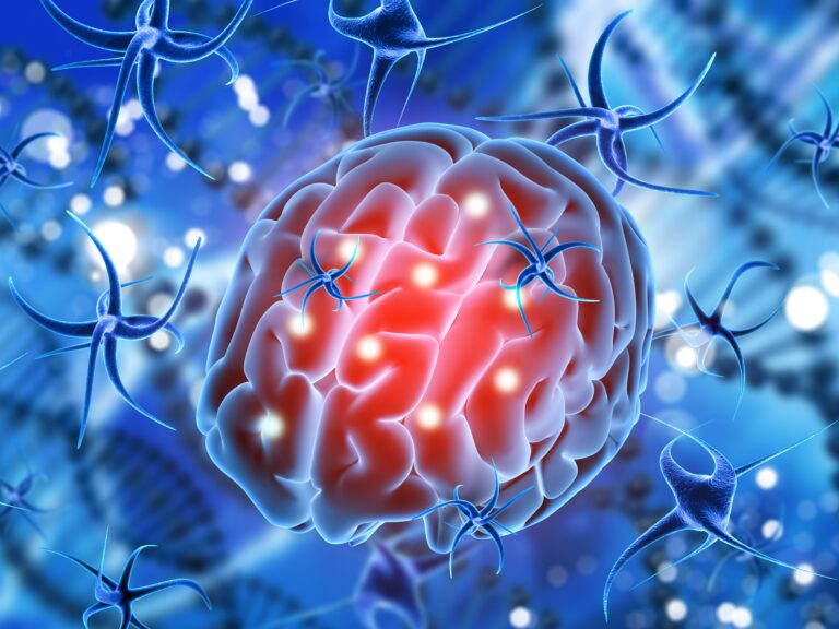 Ilustração 3D do cérebro humano com neurônios ao redor, representando atividade neural, sistema nervoso, neurologia ou pesquisa sobre doenças neurológicas.